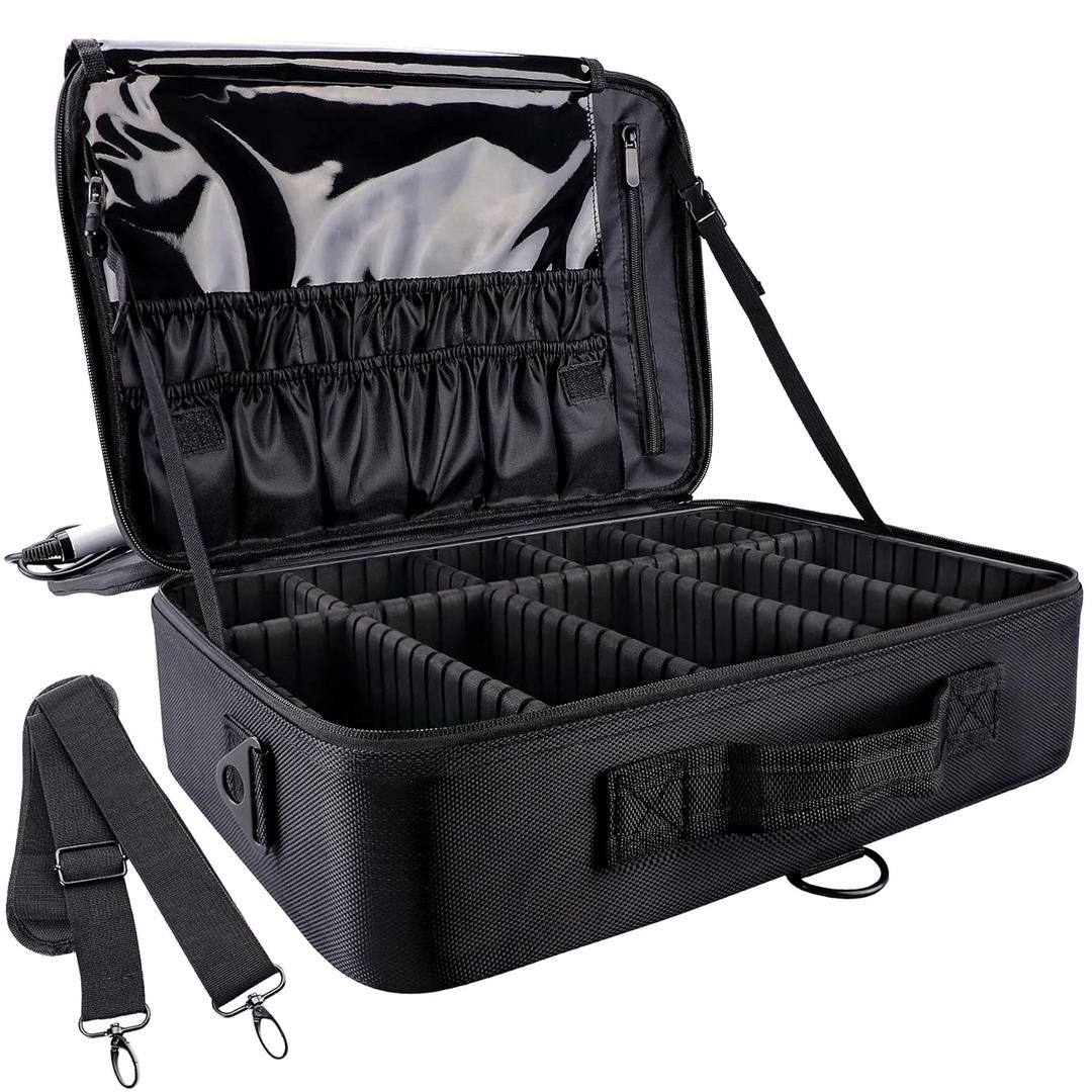 gzcz Large Capacity Travel Makeup Train Case,Professional Cosmetic Bags for Women,Portable Makeup Brush Bag Organizer Storage with Adjustable Dividers and Shoulder Strap (Black)