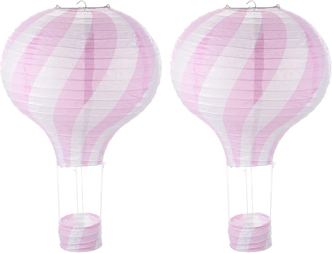 PATIKIL 14x12inch Paper Lanterns, 2Pcs Hot Air Balloon Hanging Decorative Lantern Wavy Stripes Design for Party Decorations Birthday Wedding Bridal Showers Decor Supplies, Pink