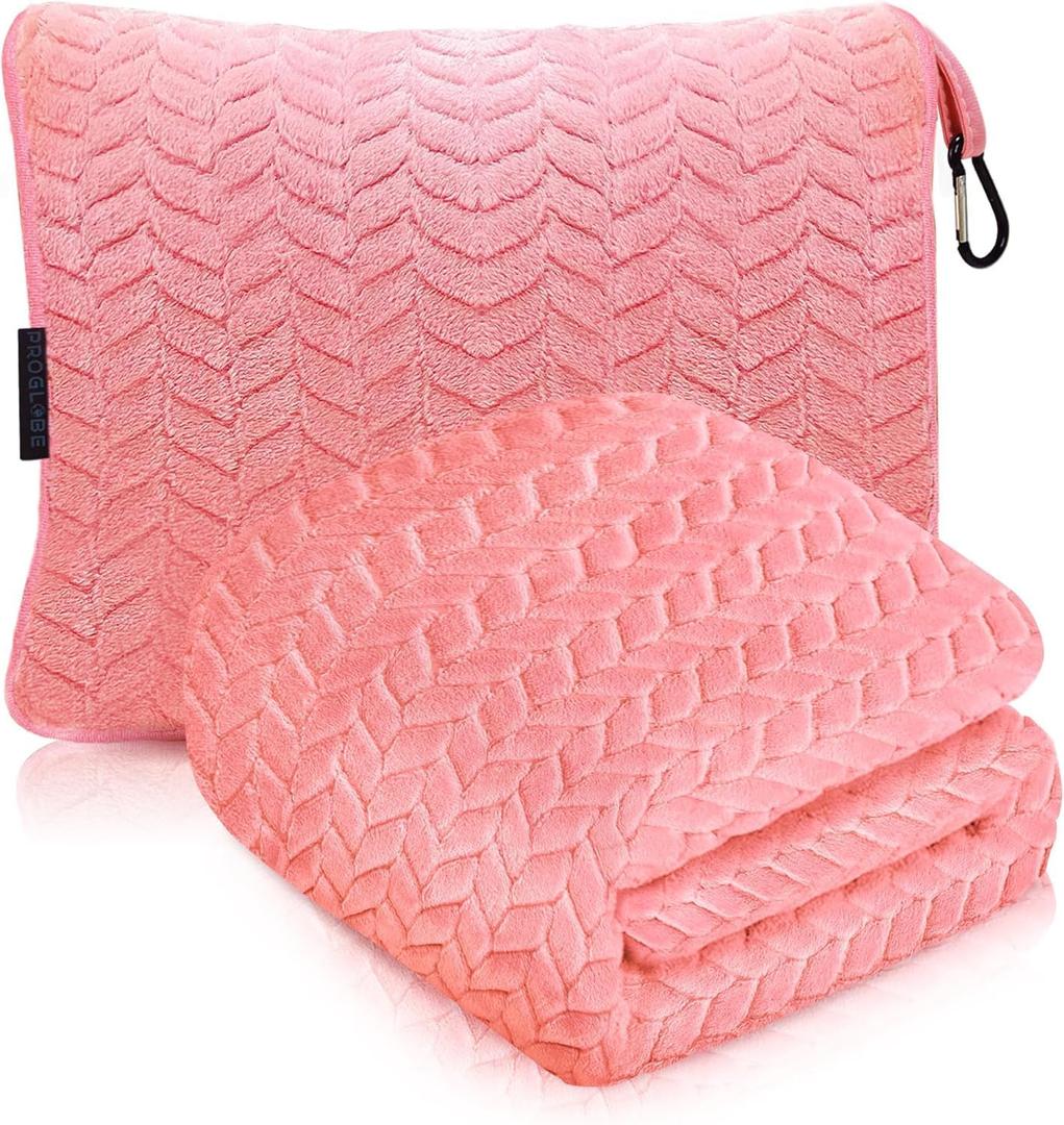 Proglobe Premium Travel Blanket and Pillow - XL 42" x 68" - Ultra Soft Lightweight Compact Blanket for Airplane, Car, Bus, Travel - Portable Cozy Fleece for Men, Women, and Kids - Pink