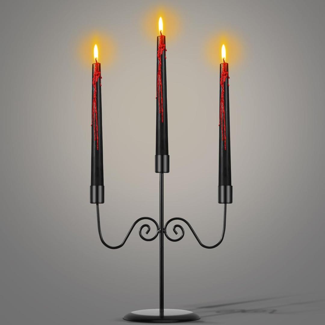 3 Arms Halloween Candelabra with 3 Bleeding Candles Metal Black Candlestick Gothic Tapered Candle Holder Tears Taper Candles for Table Centrepiece Halloween Party Church Decoration