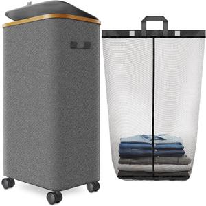 Laundry Hamper with Wheels,29 Gal (110L) Laundry Basket with lid Rolling Clothes Hamper Foldable Dirty Clothes Basket on wheels with Bamboo Frame and Bag for Bedroom, Dorm, Laundry Room-Grey