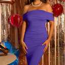 GOBLES Women's Elegant Strapless Off Shoulder Bodycon Midi Cocktail Party Dress (Purple)