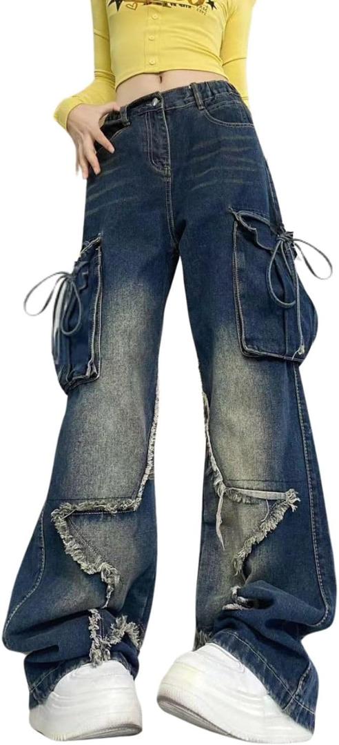 Star Jeans for Women Girls Baggy Cute Patchwork Denim Pants Y2k High Waisted Jeans Grunge Aesthetic Clothes (Medium, Blue3)