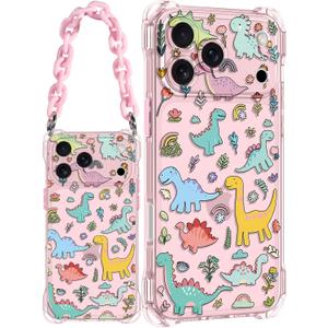 Toycamp for iPhone 17 Pro Case with Strap for Women - Cute Funny Girls Girly Fashion Dinosaur Design Case with Wrist Lanyards Four Corners Flexible Hang Style