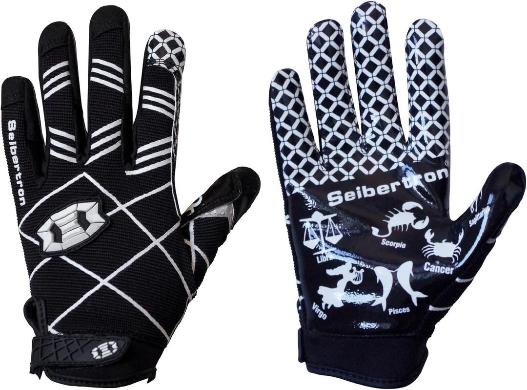 Seibertron Pro 3.0 Twelve Constellations Elite Ultra-Stick Football Receiver Gloves | Super Sticky Grip for Youth Kids Boys 8-12 Girls & Adult Men & Women, Perfect Sports Gift (Black) S