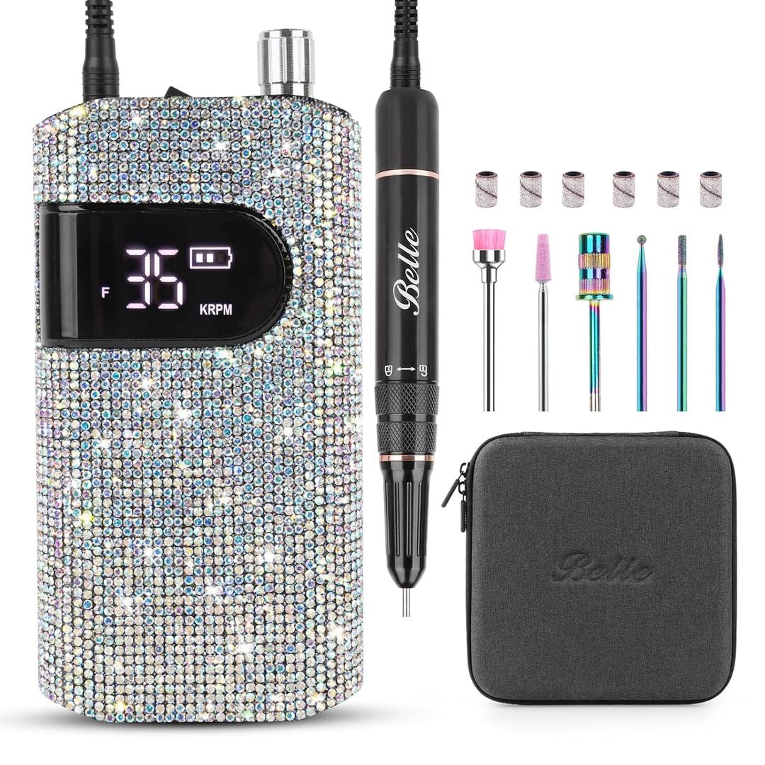 Professional Rechargeable Nail Drill Machine, Belle 35000RPM Electric Nail File Cordless Portable Nail Drill with Coreless Motor for Acrylic Nails, Manicure Pedicure Tool, Crystal Diamond