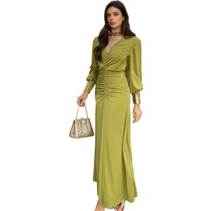 Womens V-Neck Long Sleeve Ruched Bodycon Dress Elegant Formal Cocktail Party Evening Maxi Dresses (Green, S)