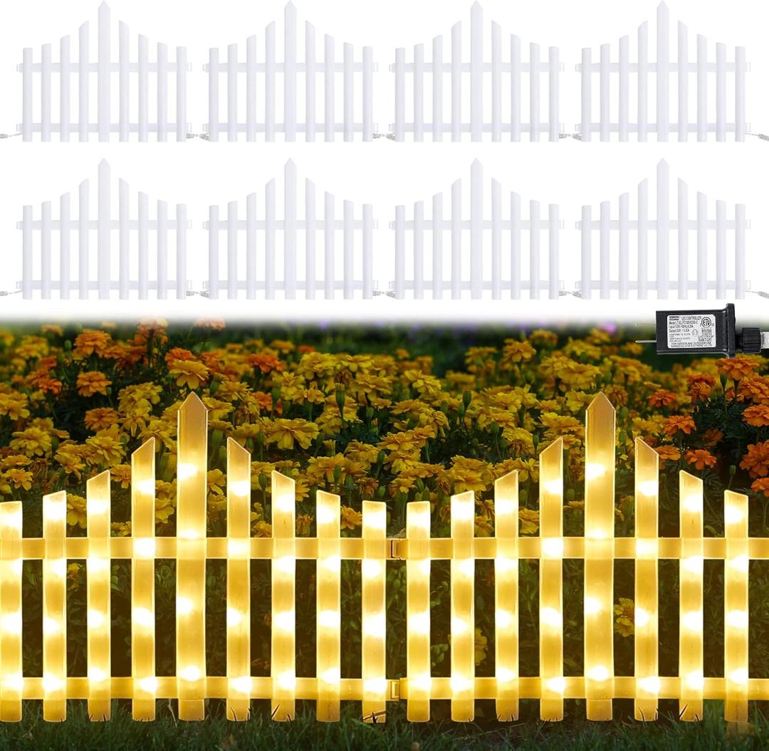 Hopolon 8 Pack 36LED Lighted Garden Fence,13.7x11.8inch Christmas Tree Fence Lights Plug in,8 Modes White Plastic Edgings Picket Decorative Fence for Landscape Patio Yard Path Home Xmas,Warm White