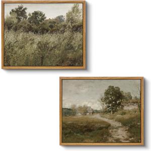 VIYYIEA 2 Pcs Vintage Framed Wall Art, Country Road and Grassland Painting Decor Aesthetic, Small Canvas Print Artwork, Farmhouse Landscape Wall Pictures for Bedroom Barthroom, 9x11 Inch,Set of 2