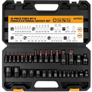 31-Piece Torx Bit Socket Set: 14 Star Bits T8-T70 & 13 E-Torx Sockets E4-E24, Premium CR-V & S2 Alloy Steel, High Torque Laser Marked for Automotive Mechanic