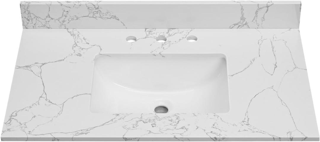 36 Inch Engineered Stone Bathroom Vanity Sink Top, with Undermount Rectangular Middle Sink, Vanity Countertop with 8 inch Faucet Hole Spacing and Backsplash in Lightning White