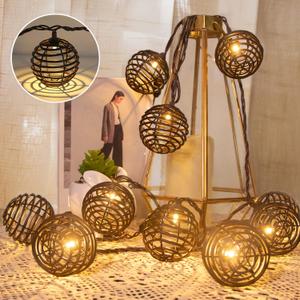 Decorative - Rattan Ball String Lights with 10 Led Bulbs Plug in Rattan Lantern String Lights for Patio Garden Backyard Party Decor,9.84FT