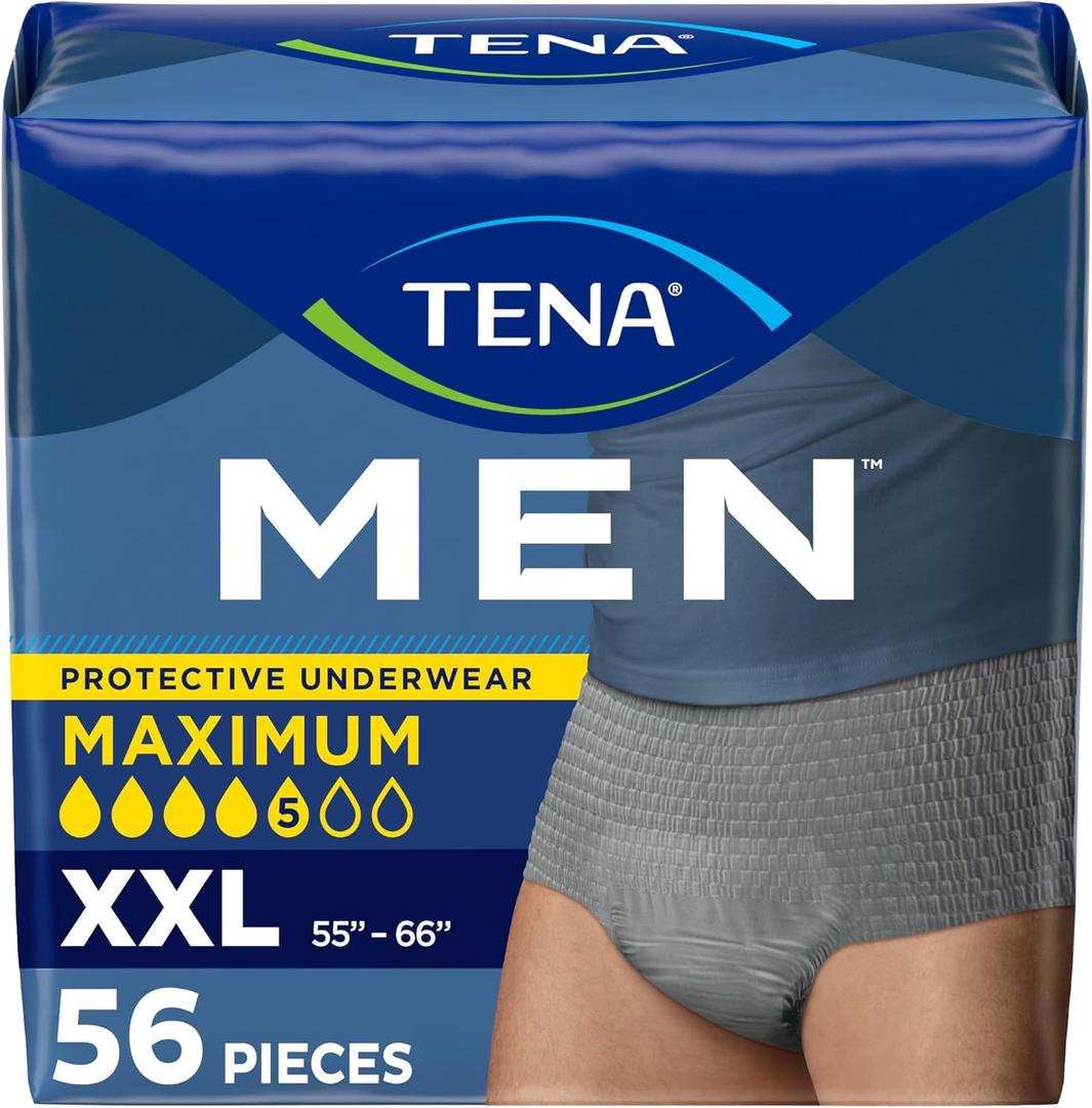 Tena Protective Adult Incontinence Underwear for Men, Maximum, XXLarge, Gray, Disposable, 56 Count (Waist Size 55in-66in)