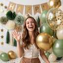 ANSOMO Sage Green Happy Birthday Party Decorations Retro Green Nude Ivory Dark Olive Kraft Paper Banner Balloons Neutral Rustic Boho Blush Safari Botanical Greenery Wild Dcor Supplies Women Adults