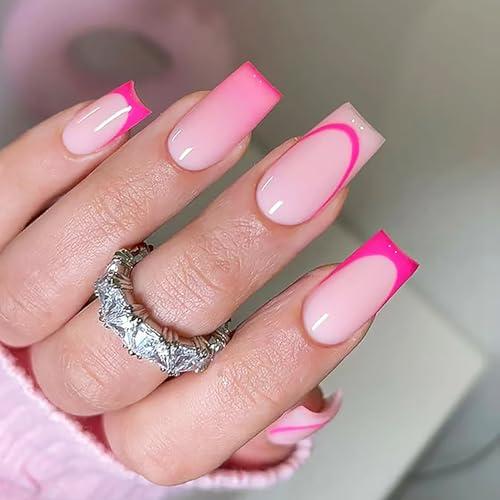 French Tip Press on Nails Medium Square Fake Nails with Glue Rose Red Gradient Designs False Nails Reusable French Line Acrylic Nails Full Cover Glue on Nails Nude Artificial Nails for Women 24Pcs Pack of 3