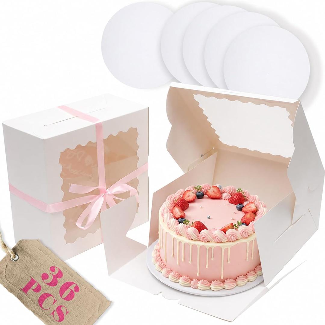 10"x10"x5" Cake Box, 36 Sets White Cake Box with Window ＆ 36 Sets 10" White Cake Round Boards, for Cake, Treat Cookie Dessert, Pastry, Birthday Party, Weddings, 10"x10"x5", 36Pcs