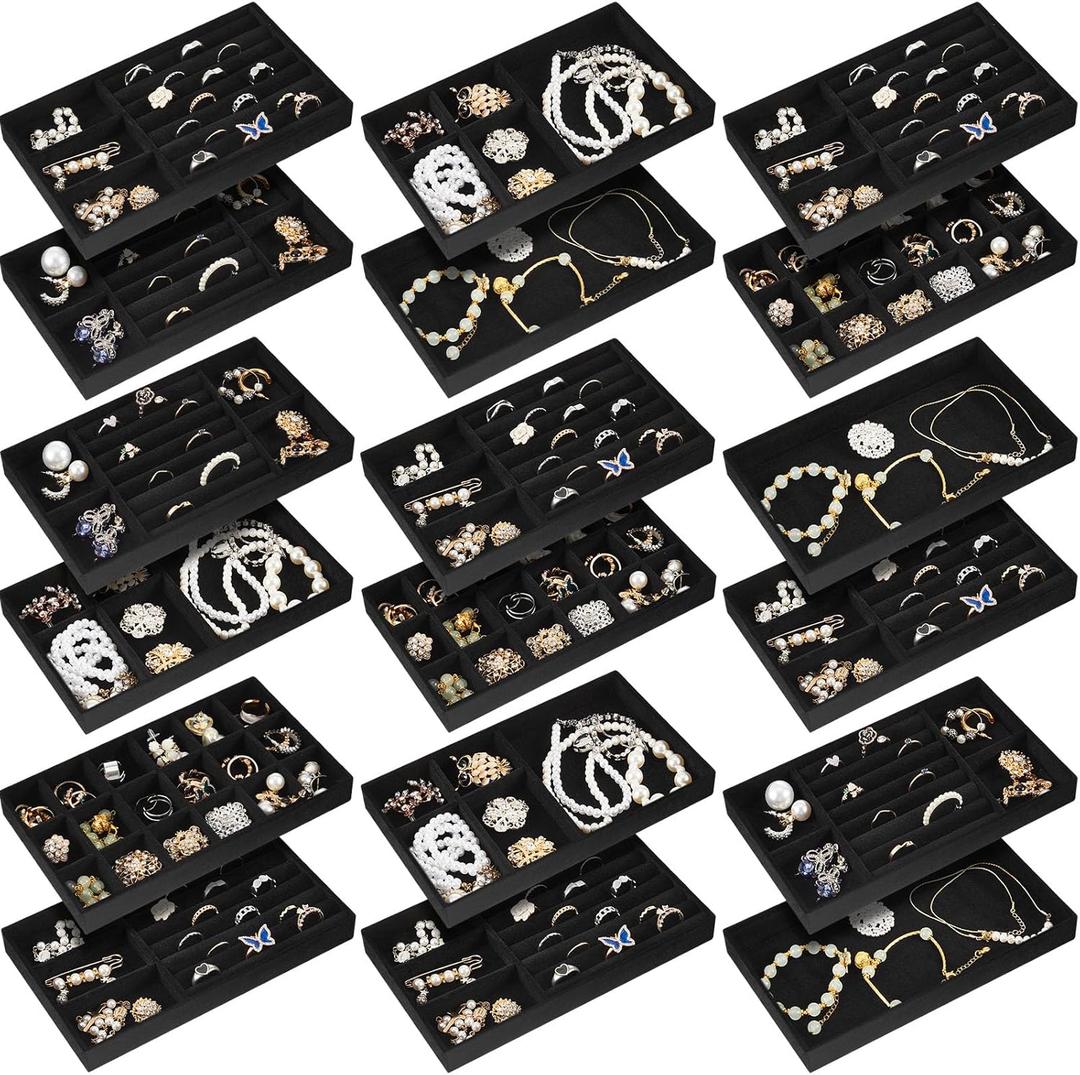 Junkin 18 Pcs Velvet Jewelry Tray, Stackable Jewelry Organizer Trays for Drawer, Jewellery Box Divided Display Tray, Jewelry Inserts for Drawer for Rings Earring Bangle Necklaces(Black)