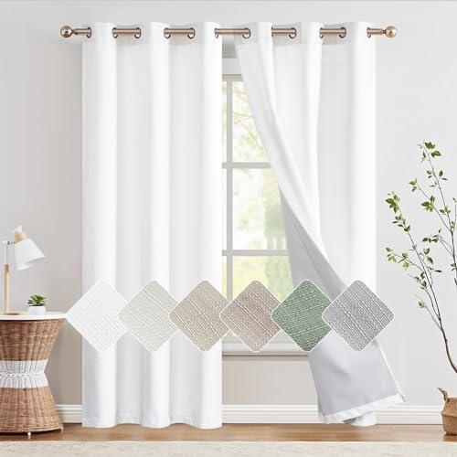 jinchan 100% Blackout Curtains for Bedroom Living Room Linen Blackout Curtains 90 Inch Long Room Darkening Curtains Linen Textured Drapes, 1 Curtain, Grommet Top, White