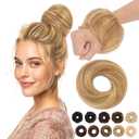 MY-LADY Messy Bun Hair Pieces Human Hair for Women Real Hairpiece Straight Scrunchies Tousled Updo Donut Chignon Ponytail Extension Light Brown & Bleach Blonde