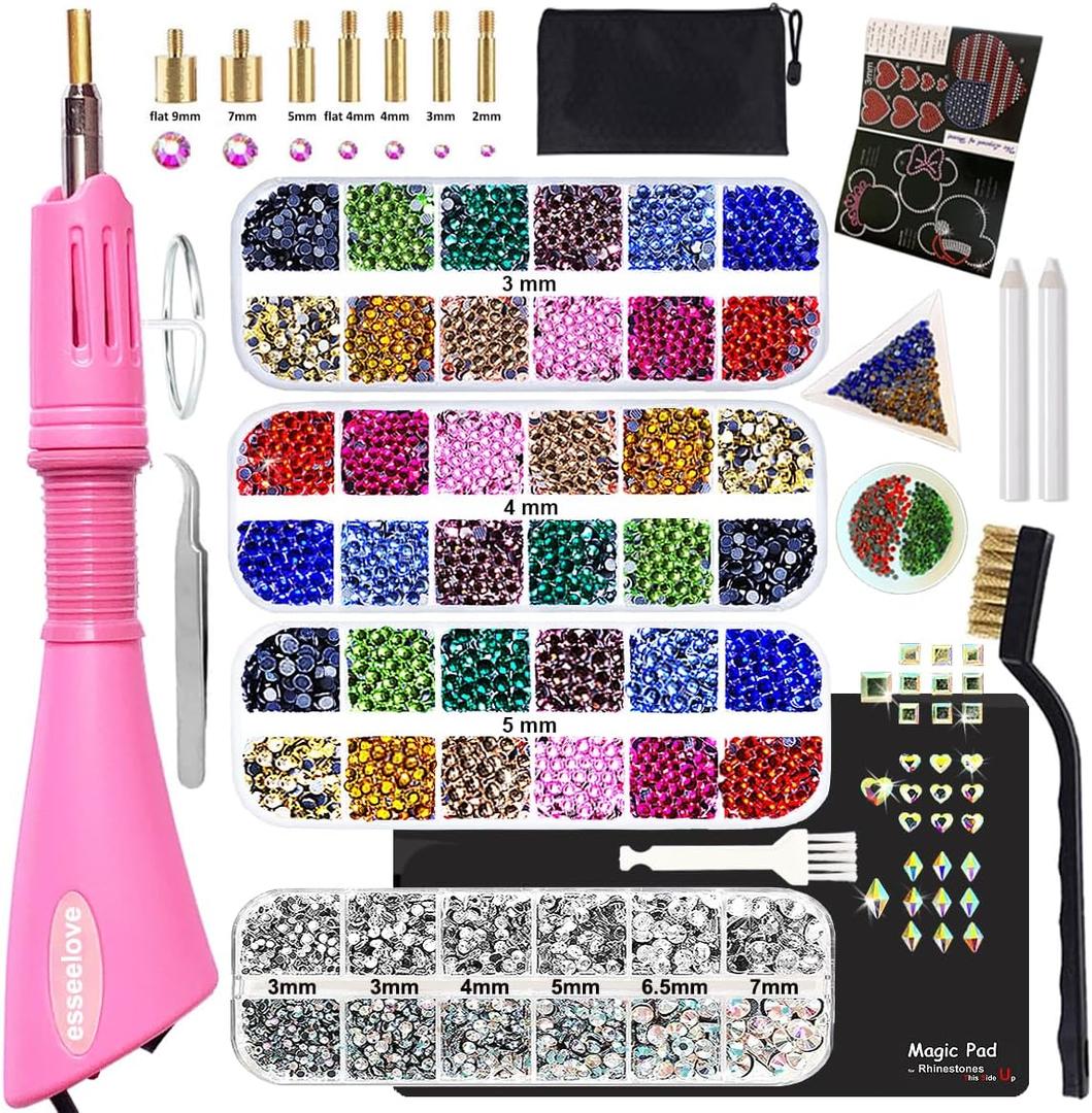 esseelove Hotfix Applicator Tool, DIY Hot Fix Rhinestone Setter, Hot Fixed Kit, 5679 Pcs, AB, Clear, 34/30/20/16/10SS, 12 Colors, Bigger Rhinestones, Gem Picker, Bedazzler Kit with Rhinestones