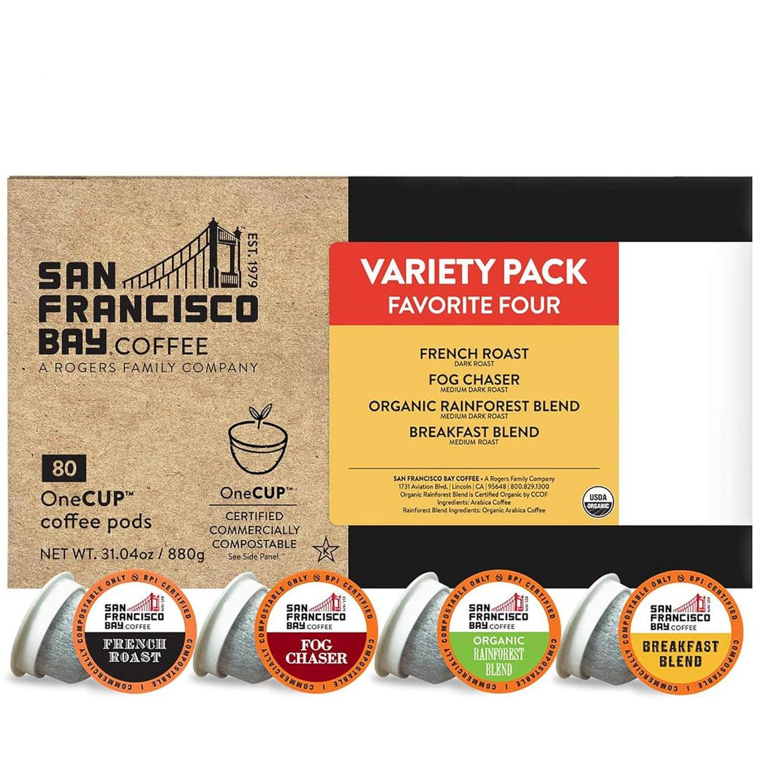 San Francisco Bay Compostable Coffee Pods - Original Variety Pack (80 Ct) K Cup Compatible including Keurig 2.0, French, Breakfast, Fog, Organic Rainforest BB 10/21/25 San Francisco Bay Compostable Coffee Pods - Original Variety Pack (80 Ct) K Cup Compatible including Keurig 2.0, French, Breakfast, Fog, Organic Rainforest BB 10/21/25