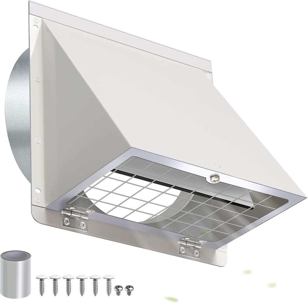 6 Inch Hooded Wall Vent with Mesh&Damper,6''Exhaust Vent Cover,6in Dryer Vent Cover Outside Metal Wall Exhaust Vent Cap Hood for Outdoor Kitchen Range Hood/Bathroom Exhaust Duct-Galvanized Steel,White