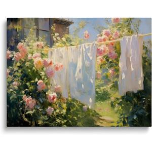 IGMA Laundry Day Wall Art - Vintage Muted Pink Rose Garden Painting, Farmhouse Artwork Cottage Core Decor, Laundry Room Art Decor 12x16inch Unframed, Colourful9
