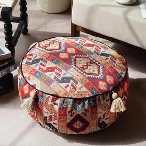 Boho Unstuffed Pouf Cover Ottoman Footrest Indian Mexcian Foot Stool Floor Bean Bag Floor Chair Storage for Living Room Bedroom Decor (Boho Red, Round)