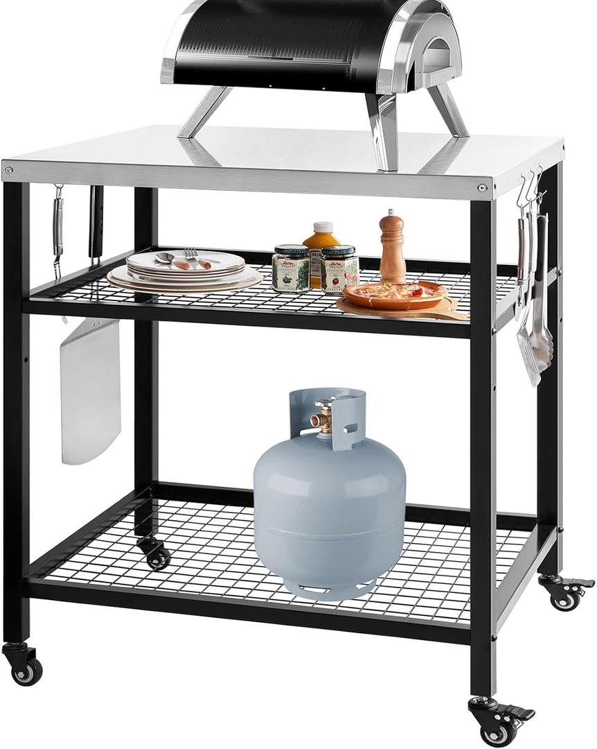 Stainless Steel Outdoor Grill Cart Pizza Oven Stand Trolley Table with Wheels Three-Shelf Movable Food Prep and Work Table Heavy Duty Grill Carts Outdoor Cart 31.5"24"35.5" (Silver & Black)