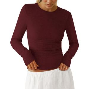 PRETTYGARDEN Womens Long Sleeve Shirts 2026 Ribbed Knit Slim Fitted Basic Tee Casual Going Out Tops Underscrubs Fall Clothing (M)