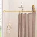 L Shaped Shower Curtain Rod, [24"-47.6"] x [24"-47.6"] Dual-Slide Corner 90 Degree Shower Rod for Bathroom, Bathtub & Outdoor with 12 Hooks & Ceiling Support - Gold