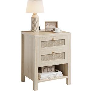 Rattan Night Stand with Drawers - Boho Nightstand with Charging Station, Bedside Table with Storage Shelf, Accent Side Table End Tables Living Room, Wood Nightstands for Bedroom, White Oak