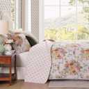 WRENSONGE Floral Quilt Set King Size, 3 Piece Reversible Lightweight Soft Bedspread Coverlet, Garden Farmhouse Botanical Diamond Stitched Bedding Set with 2 Pillow Shams for All Seasons