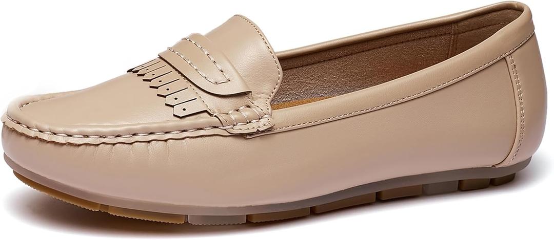 Women's Business Loafers Work Casual Flats Shoes Lightweight Penny PU Leather Slip On Walking Shoes (8.5, 2-nude Pu)