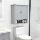 Wall Mounted Bathroom Cabinet Wooden Storage Cabinet with 2 Doors & Adjustable Shelf, Hanging Wall Cabinet Over Toilet, Upper Cabinet Storage Cupboard forBathroom, Kitchen,Laundry Room, Light Grey 18.3D x 57.9W x 64.8H cm