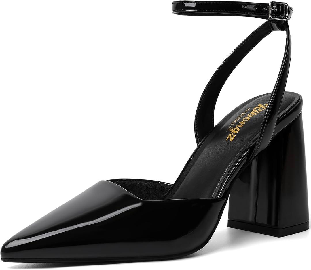 RIBONGZ Block Heels for Women Closed Pointed Toe Heeled Slingback Chunky High Heel Ankle Strap Pumps Patent Leather Comfort Dressy Shoes for Work Party Prom Wedding Bridal Dress (6, Black)