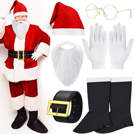 Christmas Santa Claus Costume Accessory for Men Santa Belt White Beard Hats Boots Gloves Glasses Set Adult Christmas Party Costume Size L
