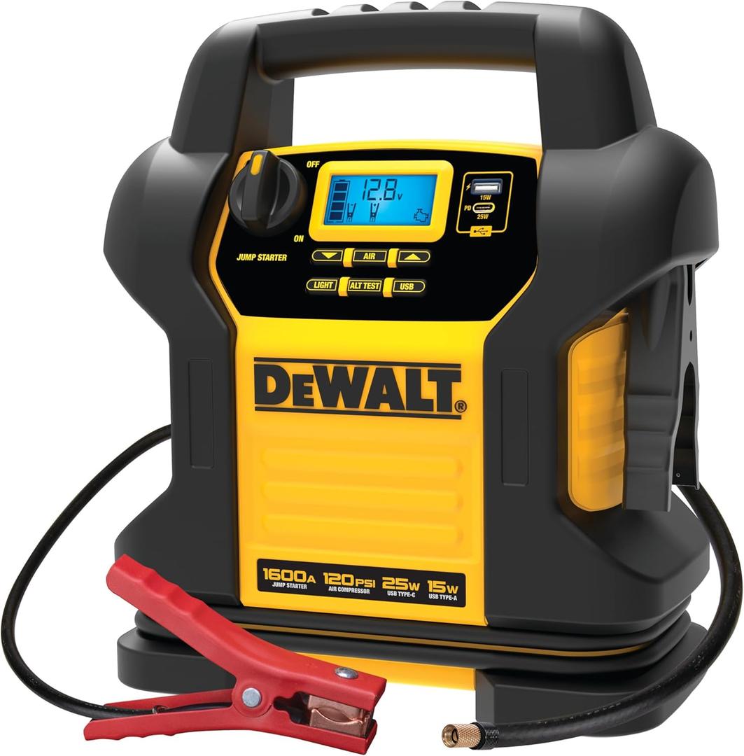 DEWALT DXAEJ14 Digital Portable Power Station Jump Starter - 1600 Peak Amps with 120 PSI Compressor for Tires, Sports Equipment & Bikes, 15W USB-A and 25W USB-C Power