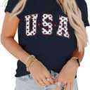 Dressmine Women's Short Sleeve American Flag Shirt Round Neck USA Shirts Summer Fourth July Graphic Tee Patriotic T Shirt (XXL)