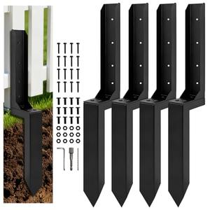 Heavy Duty Fence Post Anchor, Thickened Fence Post Repair Kit, Ground Stakes for Repair Tilted, Broken Wood Posts Support (4-Pack Black)