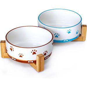 YUN TAO 3.5 Cups Pet Bowls Set of 2 for Medium Dogs,Ceramic Pet Food Water Dish Feeding with Wooden Stand,Cute Puppy Pet Dishes,Includes Non-Slip Silicone Mat