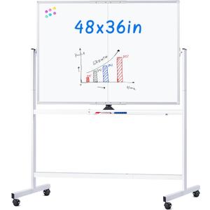 Maxtek Rolling Whiteboard, 48x36 Large Magnetic White Board with Stands, Big Double-Sided White Board Dry Erase on Wheels for Homeschool, Home Office, Office, School (Silver, 48 x 36)