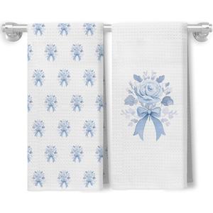 Blue Coquette Bow Floral Grandmillennial Kitchen Towels, Vintage Blue Toile French Country Flower Decorative Dish Hand Tea Towels for Bathroom Kitchen, 16x24 Inch Set of 2