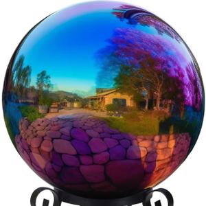 10 Inch Stainless Steel Gazing Globe,v2croft Hollow Ball Mirrored Surface Polished Shiny Sphere,Garden Stainless Steel Gazing Ball for Outdoor Lawn Pond Yard Ornament (Rainbow) (10inch)