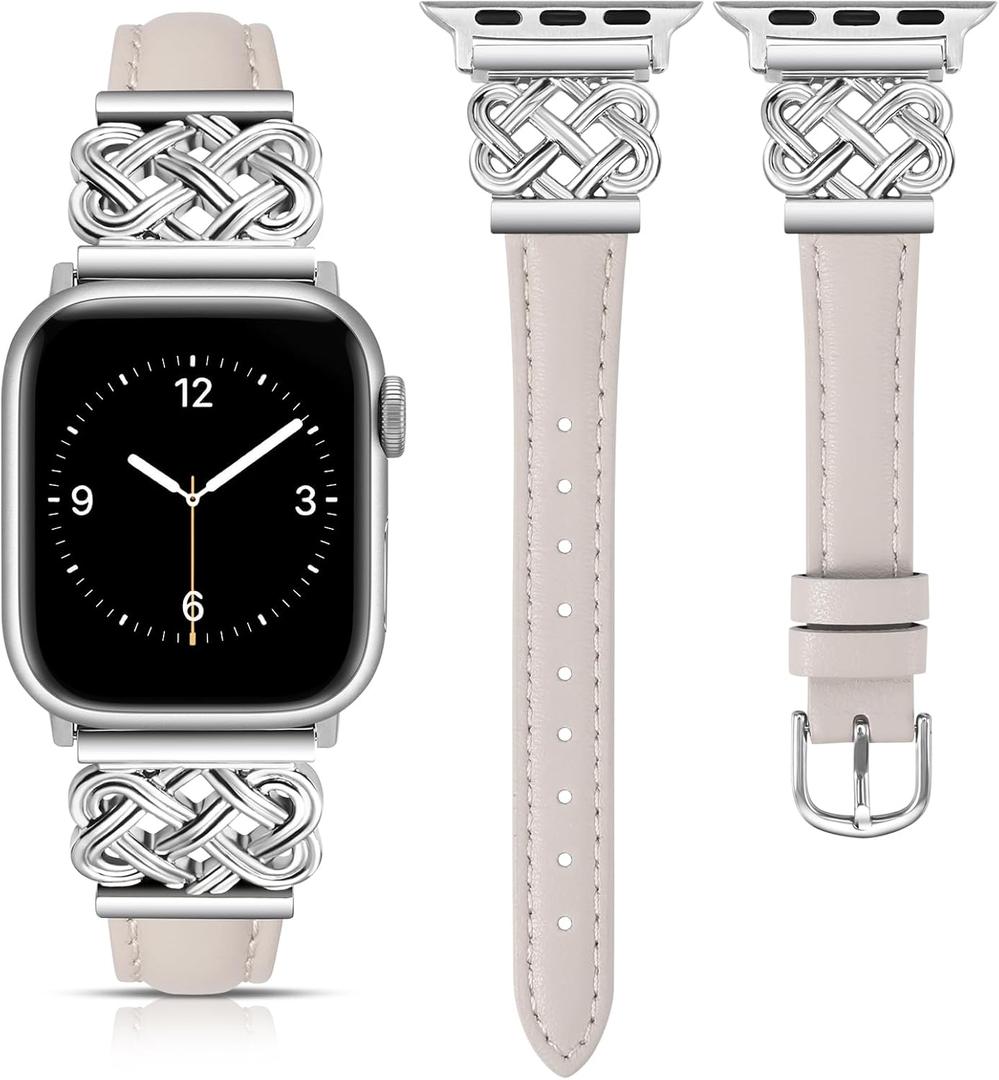 TOYOUTHS Leather Band Compatible with Apple Watch Bands Women 38/40/41/42mm Dressy Slim Thin Leather Strap with Designer Interlock Buckle for iWatch Series 10/9/SE/8/7/6/5/4/3/2/1, Starlight+Silver