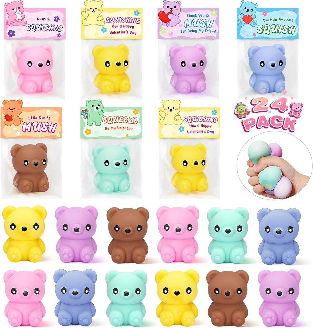 Jumlys Valentines Day Gifts for Kids Classroom, 24 Packs Cute Bear Squeeze Toys with Valentines Day Cards for Kids School, Valentine Day Party Favors for Boys Girls, Ideal Exchange Cards for Classroom