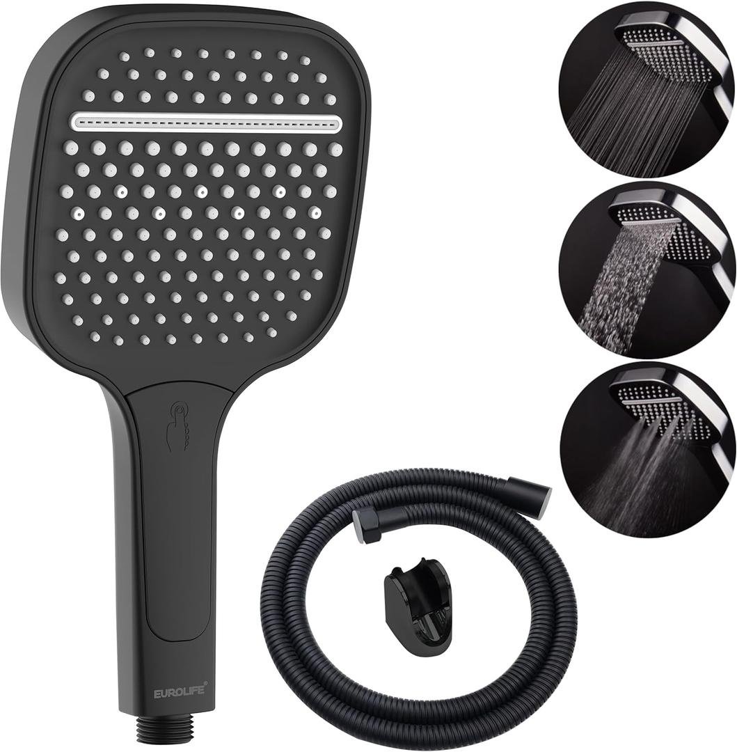 High Pressure Handheld Shower Head  3 Spray Settings- Luxury Modern Chrome Look, Built-in Power Spray to Clean Corner, Tub and Pets, Stainless Steel Hose, ABS Adjustable Bracket, Black Color