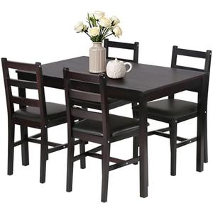 FDW | 5-Piece Solid Wood Dining Table Set for 4 | Brown | Space-Saving Design | Smooth Easy-to-Clean Surface | Pine Kitchen Table with Upholstered Chairs | for Dining Room, Apartment, Restaurant