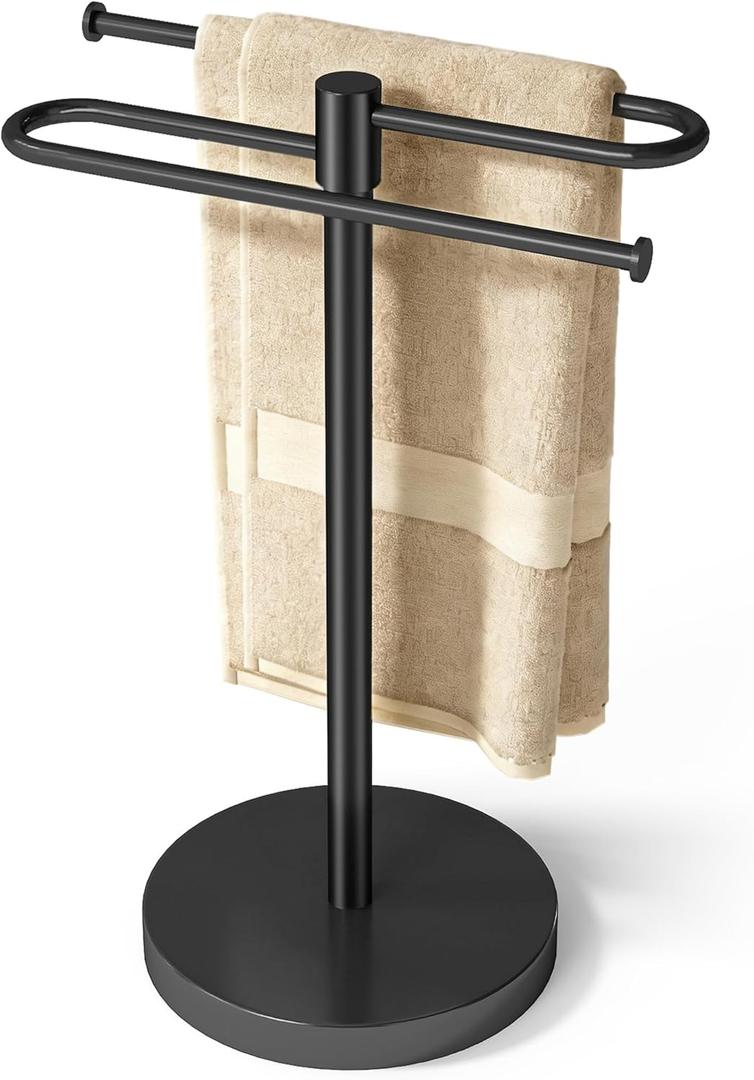 Hand Towel Stand, Stainless Steel Towel Holder for Bathroom Countertop, 15.2 Inch S-Shape Weighted Base Standing Hand Towel Rack Bar Holds 2 Towels for Kitchen Vanity, Black