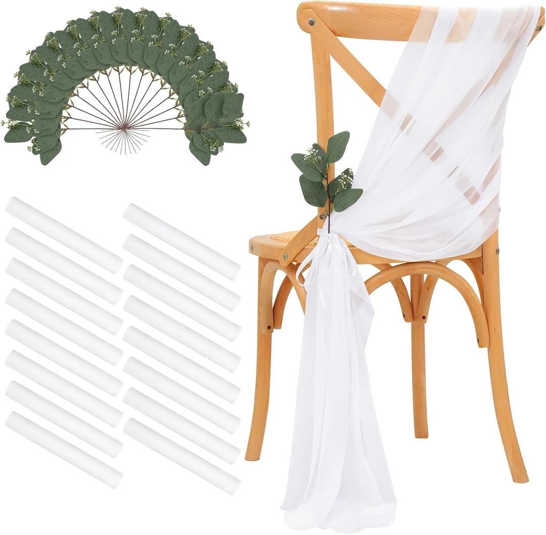 YOUMEHOME White Chair Sashes Wedding Aisle: 16 Packs Sheer Fabric Chair Cover Decorations for Church Pew Party Outdoor Ceremony Event Chair Draping Decor